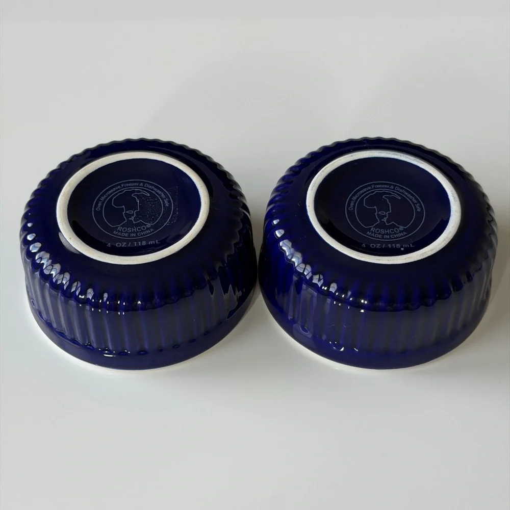 Roshco Cobalt Blue Ceramic Ramekins - Set of 2 Ribbed Baking Dishes